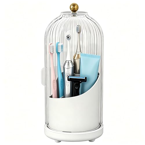JEESA Dustproof Toothbrush Holder Organizer with Drainage, White | Sliding Door Cover, 360 Rotating, 3 Slots, Bathroom Countertop