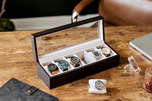 CASE ELEGANCE 6-Slot Wood Watch Box with Glass Top - Espresso | Watch Case, solid wood, magnetic closure, pillow stands