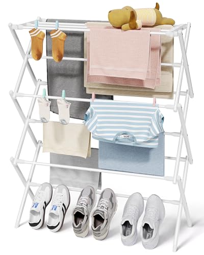 Sakugi Foldable 3-Tier Clothes Drying Rack 37.4" H with Non-Slip Feet | Indoor & Outdoor Use, Space Saving, Metal Frame, 11.4" D x 29.1" W, White