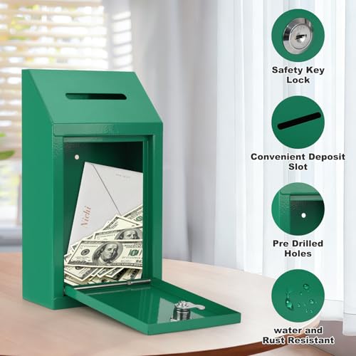 KYODOLED Cash Box for Farm Stand, Money Drop Box with Lock & Slot, Green | Wall mount, self-service payment drop, porch pickup, 2 keys, hardware included, 10.24 x 5.7 x 2.95 in