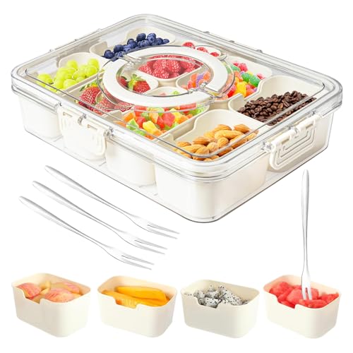 Dunruz Snackle Box Container,Portable Snack Box 8 Compartment Divided Serving Tray with Lid,Clear Storage Organizer for Fruit Candy Nuts Veggie-Perfect for Road Travel Party