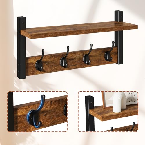 YMYNY Coat Rack Wall Mount with Shelf and Hooks, Rustic Brown UHWS001H-2 | 2 Pack Wooden Wall Mounted Coat Hanger with Shelf and 8 Double Hooks, Wall Coat Rack for Entryway Hallway Bedroom Bathroom
