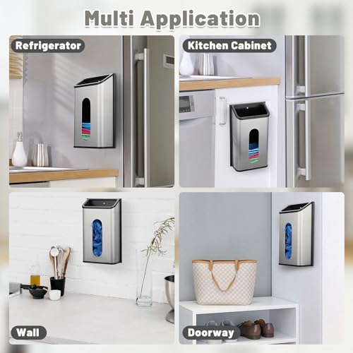 Sumnacon Grocery Bag Dispenser Wall Mount Stainless Steel Bag Dispenser for Plastic Bags Sturdy Grocery Bag Holder with Screws Adhesives Decorative Plastic Bag Holder for Kitchen Pantry Cabinet