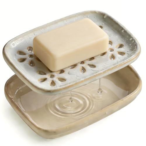 Soap Dish for Shower with Drainage, Double Layer B... (Beige | Ceramic)