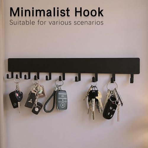 14inch Wall Key Holder with 10 Hooks(2 Sets), Metal Key Rack Wall Mount for Keys, Bags and Leashes, Key Hanger for Decorative Organizer Apartment,Entryway,livingroom,Black