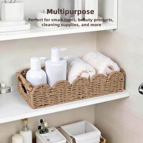 CubesLand Bathroom Basket Organizer, Toilet Decor Basket W/Cut Out Handle | Wicker Toilet Paper Storage Basket Tray, Scalloped Basket for Bathroom Countertop Decorative Also for Home Decor, Neutral