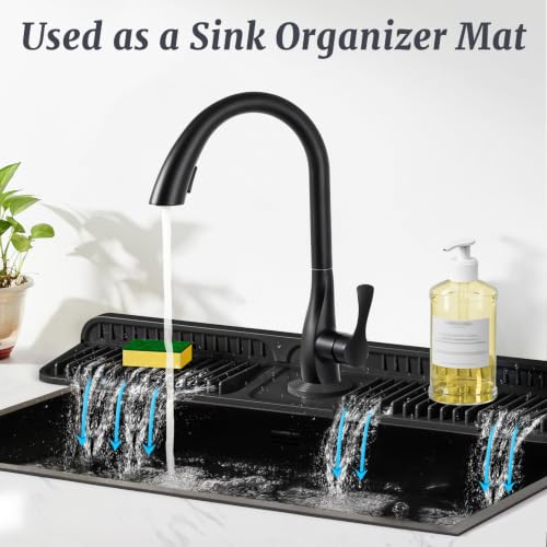 PoYang 24 Inch Faucet Mat for Kitchen Sink Splash Guard, Silicone, Black | Sink Protectors with 7° Slope for Smooth Drainage, Snap Button Holds It in Place, 90° Foldable & Cuttable Hole Fit Most Sinks