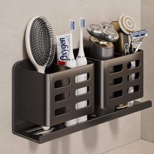 Aluminum Toothbrush Holder, Wall-Mounted,Bathroom Rack,4 Slot,Black | Bracket Shower Toothbrush Razor Holder Suitable for Toothbrush, Toothpaste, Razor and Comb etc Bathroom Storage