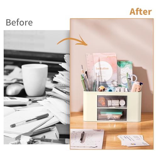 Marbrasse Pen Organizer with 2 Drawer, Multi-Functional Pencil Holder for Desk, Desk Organizers and Accessories with 5 Compartments + Drawer for Office Art Supplies (Beige)