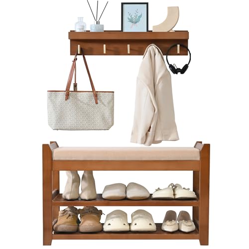 Shoe Rack for Front Door Entrance, 28” Entryway Bench with Coat Rack, Hall Tree Shoe Bench with Storage for Entry, Hallway, Bedroom, Living Room