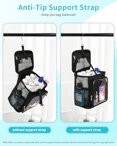 Hanging Shower Caddy Portable Bag - Quick Dry Shower Tote for Dorm College Essentials, Water-Resistant Travel Toiletry Bag with Separate Compartment & Multiple Pockets (Black, M)