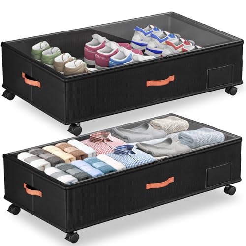 Under Bed Storage with Wheels,2-Pack Under Bed Storage Containers with Clear Lids,XXL Large Under the Bed Storage Organizer Bins With Handles,Space Saving Design for Clothes,Shoes,Books-Black2