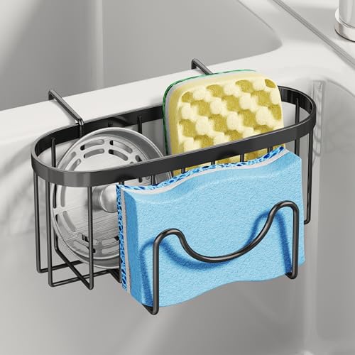 SWTYMIKI Sponge Holder for Kitchen Sink - Movable Kitchen Sink Caddy with M Shape Hook, Stainless Steel Hanging Sponges Caddy Organizer in Double Bowl Sinks Depth>3.15in, Middle Divider<1.5in, Black