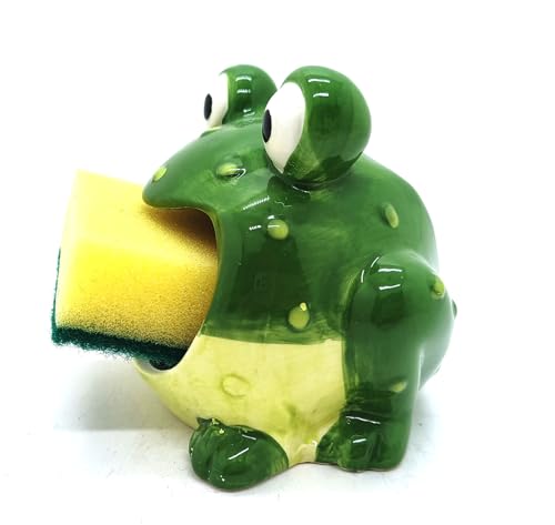 Green Kitchen Decor Cute Ceramic Frog Sponge Holder for Kitchen Sink Ceramic Frog Soap Holder 4.7” Home Decor Fun Novelty Gift