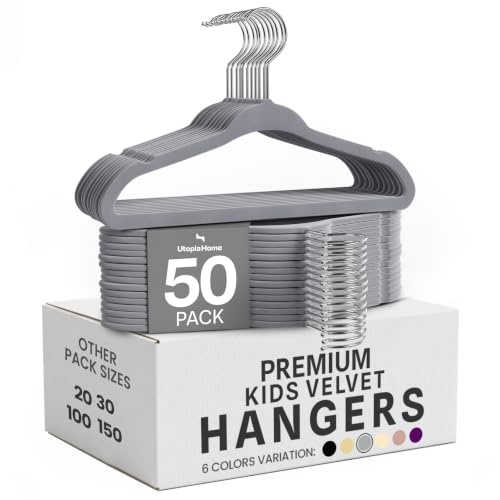 Utopia Home Kids Velvet Hanger 50 Pack – 11" Premium Baby Hangers - Grey | Premium Non-Slip Baby Hangers for Baby and Toddlers, Durable Ultra-Slim Space-Saving Closet Organizers