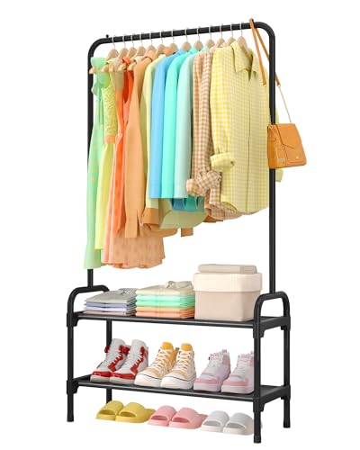 Sakugi Clothes Rack - 29.3" × 12.5" × 59.6" Clothing Rack and Shoe Rack with Anti-Slip Stopper, Large Capacity Rack with 2-Tier Shoe Organizer, Clothes Organizer for Bedroom, Entrance, Laundry, Black