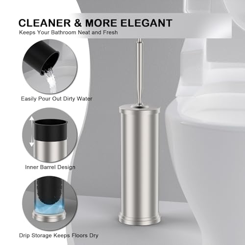 Stainless Steel Toilet Brush and Holder Set, Nickel | Weighted Stable Base Removable Inner Tube Toilet Bowl Brush Splash-Proof Design for Deep Cleaning Space Saving Storage
