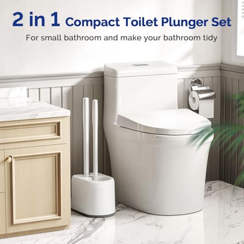 HAMITOR Toilet Plunger Brush Set: Curved Bristles Design for Deep Cleaning | Deep Cleaning Under Rim, Heavy Duty Rubber for Unclog- Compact Bathroom Cleaning Tools for New Homet Essentials - White