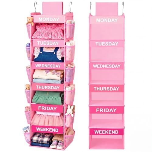 6-Shelf Weekly Clothes Organizer for Kids, Hanging... (Pink)