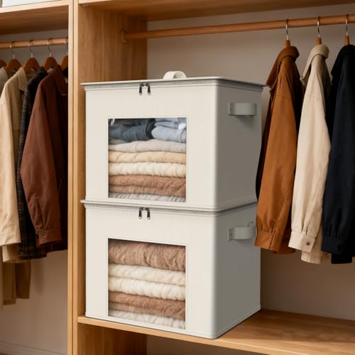 Zilink Fabric Storage Bins with Lid Sweater Closet Organizer, Beige,4 Pack | Stackable, Smooth Zipper, Clear Window, Cloth Storage Bins, Closet Organizers and Storage Box for Home, Office, Bedroom