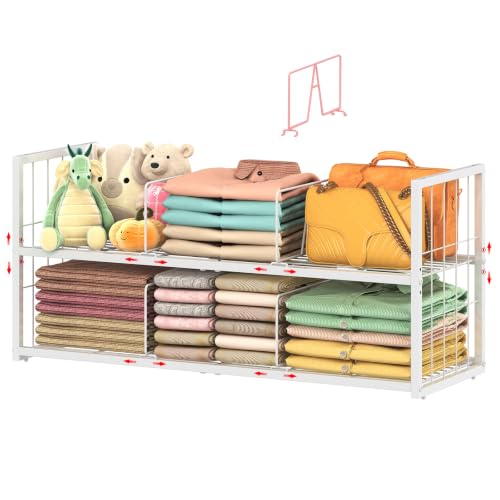 Hongtamoya Stackable Closet Storage Shelf with Adjustable Divider | Closet Organizer and Storage Container for Clothe, Jean Pant Shirt Sweater Purse Shoe, Use in Bedroom RV Closet System, White