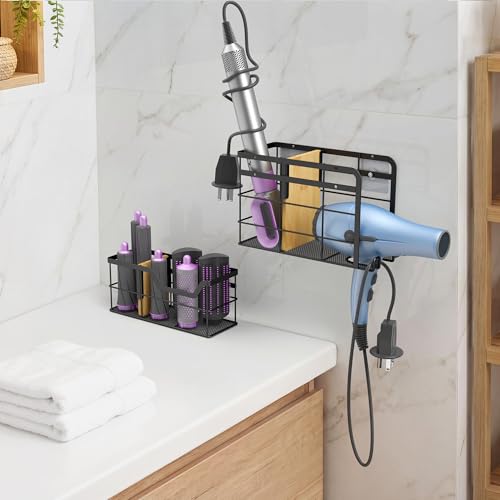 2 Pack Hair Tool Organizer - Hair Dryer Holder Wall Mounted/Cabinet Door - Adjustable Height Blow Dryer Holder - Curling Irons Storage with 2 Hooks (Black)