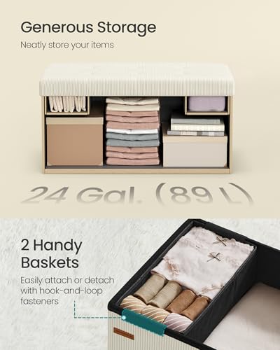 SONGMICS Mazie Collection - Storage Ottoman Bench, Foldable Foot Rest, 15 x 30 x 15 Inches, End of Bed Bench, Storage Chest, Load 660 lb, Living Room, Bedroom, Entryway, Cream White ULSF603W01