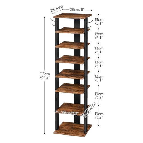 HOOBRO 8 Tiers Vertical Shoe Rack, Wooden Shoe Storage Organizer with Hooks, Narrow Shoe Tower for 8 Pairs, Space Saving, for Entryway, Living Room, Bedroom, Rustic Brown BF07XJ01G1