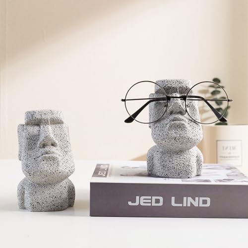Moai Eyeglass Holder Stand Easter Island Stone Decoration Fun Glasses Holder Display Stands Modern Home Resin Sculptures Decorative Nightstand Home Office Desk Decor (Gray)