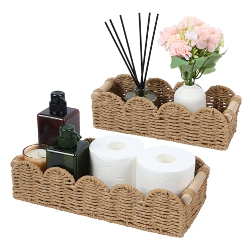 Paper Rope Storage Basket Set of 2 with Wooden Han... (2 Count | Beige | Paper, Wood)