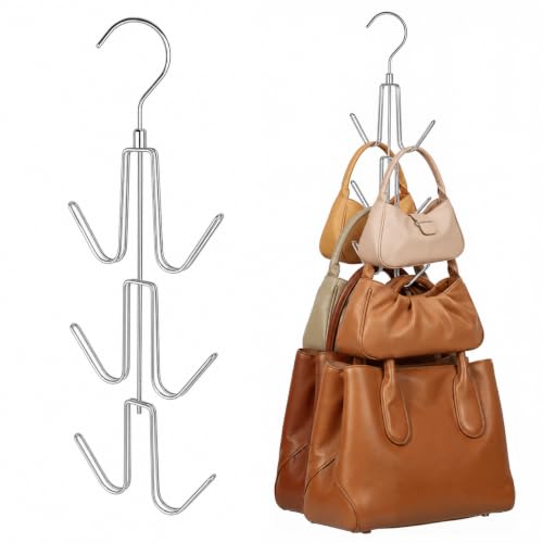 ZEDODIER 2 Pack Purse Hanger, Purse Organizer for Closet, Holds 12 Bags | Metal Hanging 12 Hooks Handbag Holder for Bag Storage, 360° Rotating Design Keeps Purses Visible and Easy to Access, Silver
