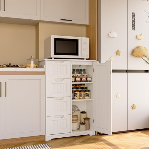 Gizoon Small Coffee Bar Cabinet with 4 Drawers and Door, White | Small Kitchen Sideboard Buffet Cabinet with Adjustable Shelf, Small Kitchen Coffee Bar Cabinet with Drawers for Living Room