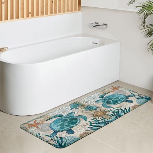 Extra Long Bath Rug, Blue Vintage Sea Turtle Decor Non Slip Bath Runner Rug with Rubber Backing, Thin Absorbent Quick Dry Bath Mats for Bathtub Bathroom Kitchen, 15.7x47.2 inch