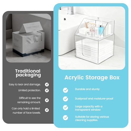 Disposable Face Towel Storage Box Compatible with Clean Skin Club XL, 3-in-1 Detachable 2-Layer for Cleaning Accessories, Face Towel Holder for Bathroom, Vanity Makeup, Holds 50, Clear Acrylic