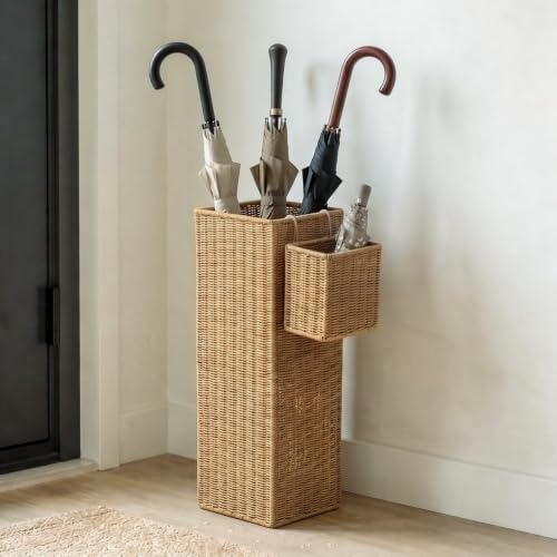 Rattan Umbrella Stand with Drip Tray,Umbrella Holder with Small Basket for Entryway, Tall Wicker Basket for Storage, Woven Organizer for Inoor, Outdoor, Home, Office, Hotel