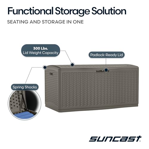 Suncast XL Deck Box, 124 Gal, Resin Wicker, Pad-Lockable Lid, Stoney Gray