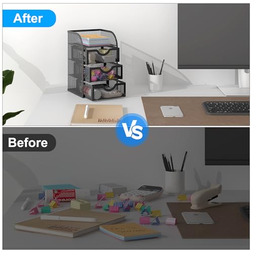 EasyPAG Mesh Desk Organizer with 3 Drawer Office Desktop Organizers and Accessories Stationery Caddy for Office, Home, Students, Black