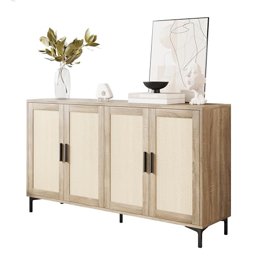 Buffet Cabinet with Storage, 48" Rattan Coffee Bar... (Light Oak | Engineered Wood)