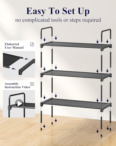 Kitsure Shoe Rack for Closet, Shoe Storage, 27.6" Wide - 3 Tiers, Black | Shoe Organizer for Closet, Entryway, Living Room, Space-Saving Shoe Shelf, Sturdy Zapateras Organizer