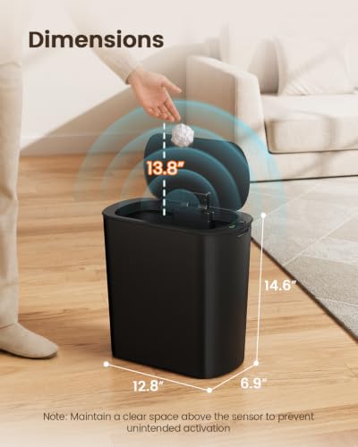 TIPGO 5 Gallon Motion Sensor Bathroom Trash Can with Lid, Automatic Garbage Can Touchless, Smart Plastic Waste Basket for Narrow Spaces, Bathroom, Office, Bedroom, Living Room (Black)