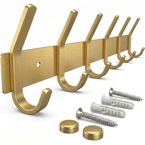 Brushed Gold Wall Mounted Coat Rack – 17 Inch Stainless Steel Rail with 6 Double Coat Hooks for Entryway, Bathroom, Bedroom, Kitchen – Modern Gold Hook Rack for Coats, Hats, Towels