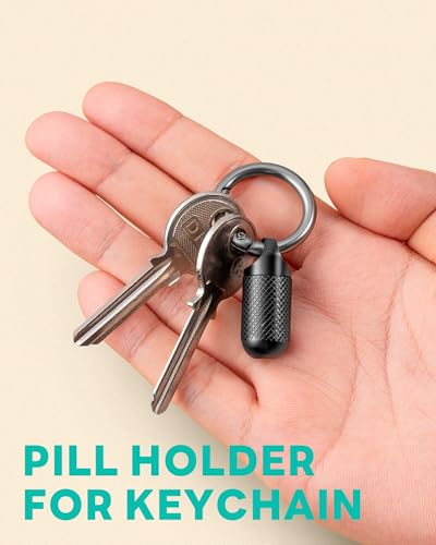 TISUR Small Keychain Pill Holder Case Titanium Pocket Pill Container | Mini Portable Travel Pill Bottle,Metal Durable Pill Box Case Black