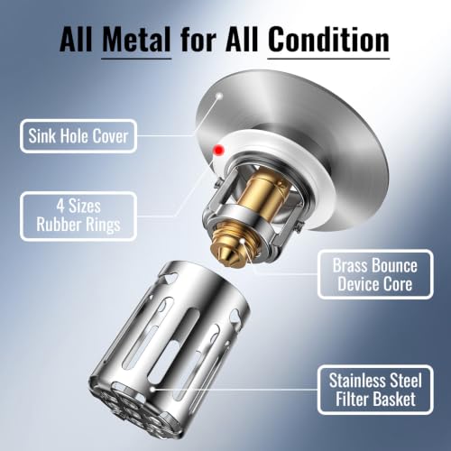 5-in-1 Bathroom Sink Stopper, 2 Pc Pop-Up Sink Drain Strainer with Removable Basket, Anti-Clog Strainer, Odor Blocking & One-Way Flow Design, Brass & Stainless Steel All Metal Made, Fit 1.1"–2.36"