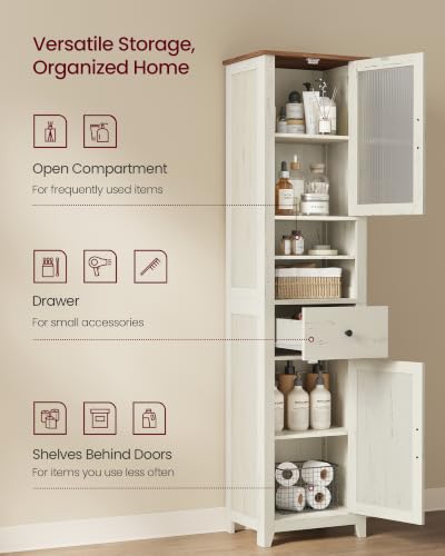 VASAGLE LIRY Collection -Tall Bathroom Cabinet, Farmhouse Freestanding Storage Cupboard with Drawer and Doors, Narrow Space Saver, 15.7 x 12.4 x 67.3 inch, Rustic White and Honey Brown, UBBK760W101S