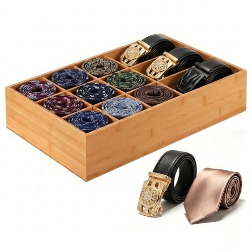 Bamboo Belt Organizer for Closet, Tie Storage Organizer Bins with Detachable Divider Drawer Organizer, Closet Organizers Storage Box for Socks, Bras, Briefs, Ties, Belts,Natural