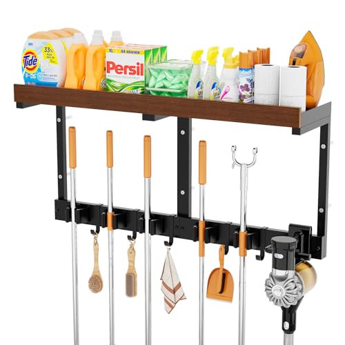 Broom and Mop Organizer Wall Hanging, Broom Hanger Holder Wall Mount | 3-in-1 Mop and Broom Holder Wall Mount with 5 Racks,5 Hooks,Storage Shelf & Vacuum Organizer for Garage,Kitchen,Laundry Room