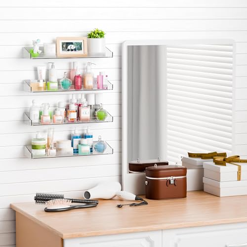 4 Pack Adhesive Clear Bathroom Shower Shelves,No Drill Acrylic Shower Wall Caddy,Bathroom Shelf,Floating Shelves for Inside Shower Wall Organizer and Storage for Makeup,Perfume,Shampoo Holder