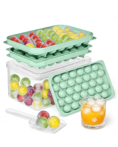 Mini Ice Cube Trays with Lid and Bin for Freezer, Round Ice Balls, 0.8 Inch | BPA-free mini round ice mold with storage bin for iced coffee, cocktails, soda, juice, home bars and small freezer storage