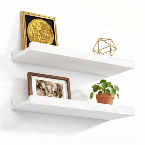 Love-KANKEI 17" White Floating Wall Shelves with Lip,Solid Wood,Set of 2 | Protective Ledge,Easy to Install,For Bedroom Living Room Bathroom Kitchen Office,Nursery Display,18 Lbs/shelf,Wall Decor