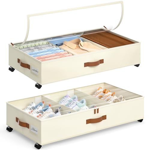 Under Bed Storage with Wheels, 2 Pack Under Bed St... (2 Count | Beige)